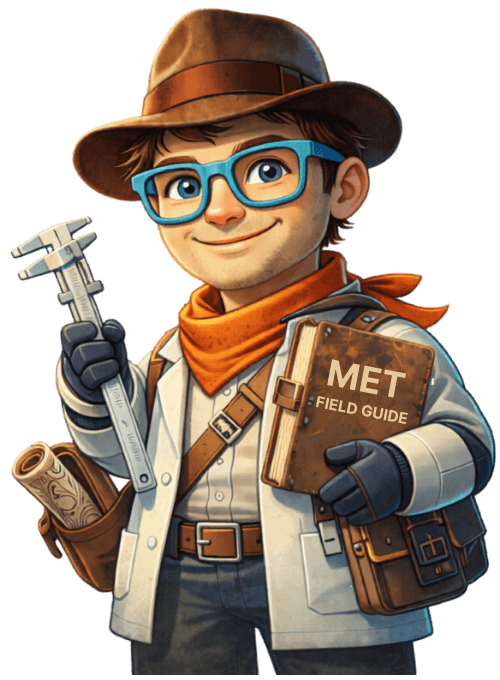 MET — the Measurement Education Tutor — in full explorer attire with caliper and field guide