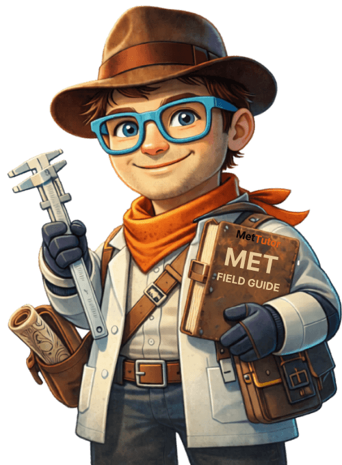MET — Your Measurement Field Guide, wearing a brown explorer hat, teal glasses, and holding a vernier caliper and field notebook