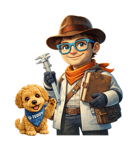 MET and Teddy together — the Measurement Education Tutor and his Goldendoodle companion