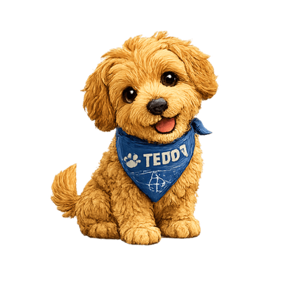 Teddy — a 14-pound mini Goldendoodle with a tan golden apricot coat and blue bandana embroidered with his name