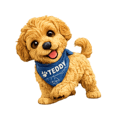Teddy in a guiding pose, looking forward with curiosity