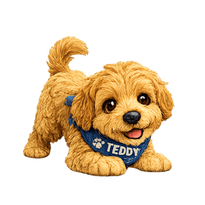 Teddy — MET's loyal Goldendoodle companion wearing a blue bandana, in a playful pose